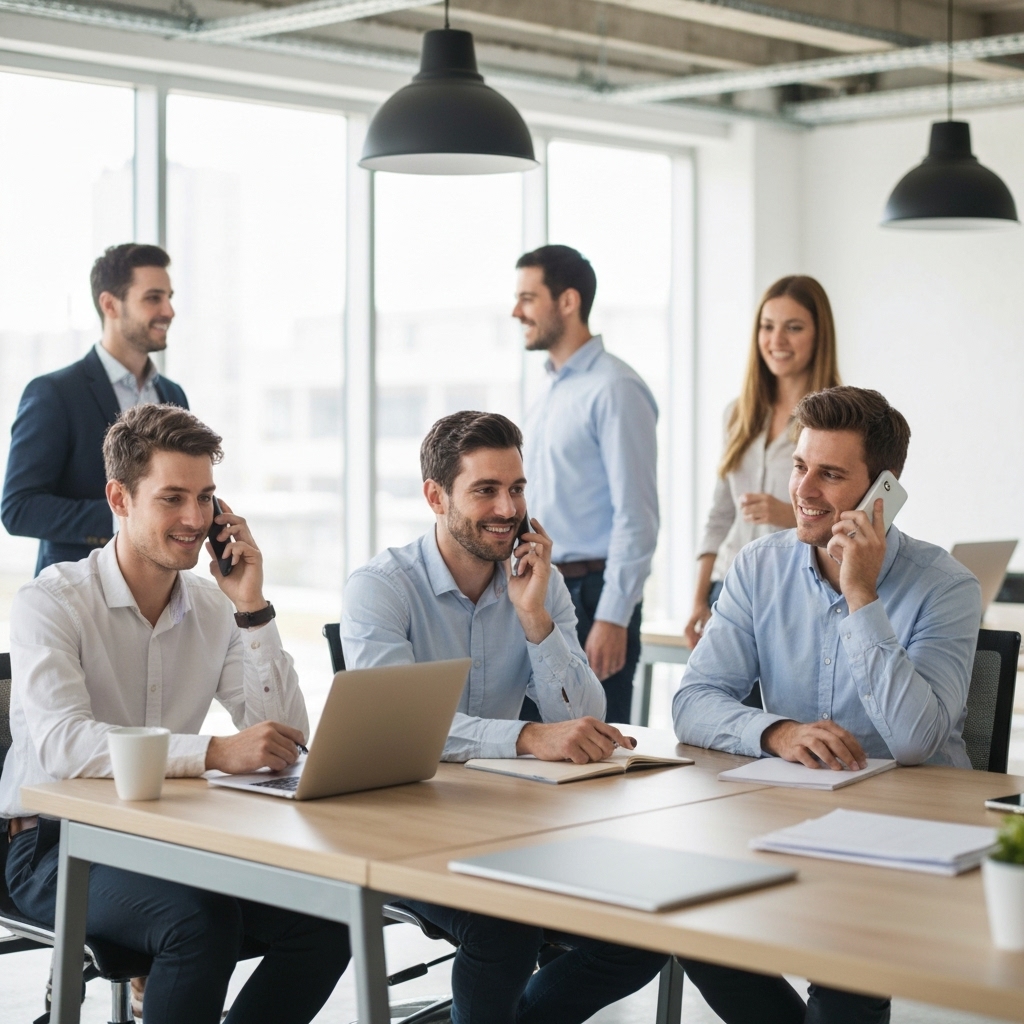 Friendly customer support team answering phone calls in a modern office