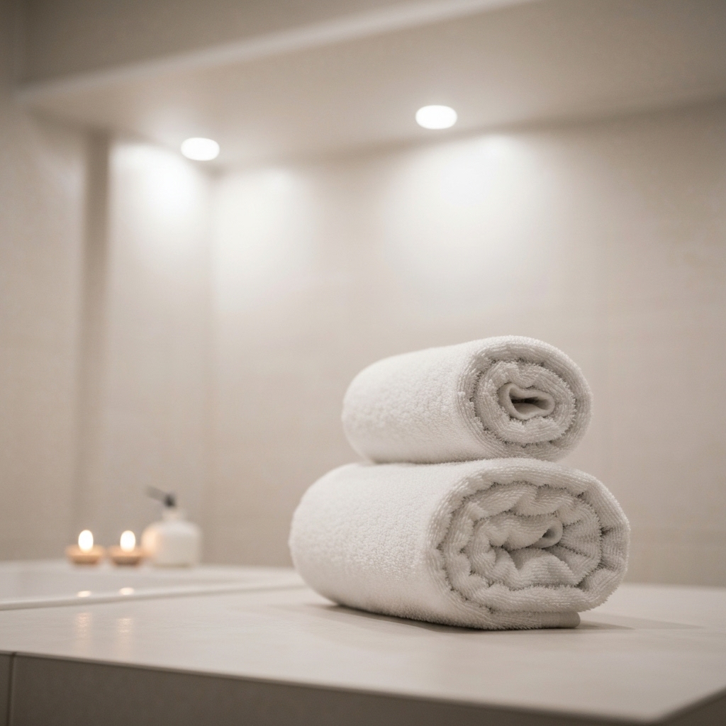 Close up of smooth feet resting on a soft white towel, spa atmosphere